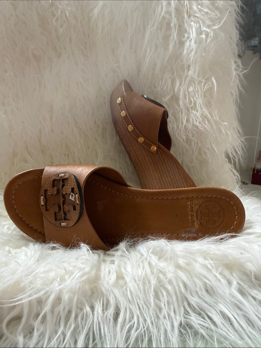 Tory Burch Cognac Leather Logo Slide Mules - Picture 4 of 6